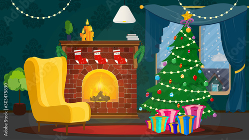 Festive interior of Christmas room on eve happy new year. Christmas tree, decorative wreath, holiday gifts, burning fireplace, snowy winter outside window. Vector illustration, greeting card template.