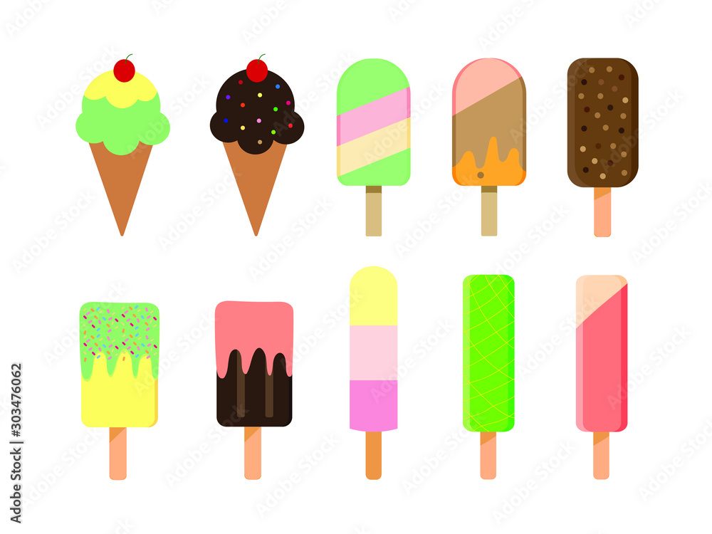 Rainbow vanilla popcicle on wooden stick and strawberry ice cream cone scoop with cherry topping collection set in different flavour isolated on white background.Flat icon.Vector.Illustration. Rainbow vanilla popcicle on wooden stick and strawberry ice cream cone scoop with cherry topping collection set in different flavour isolated on white background.Flat icon.Vector.Illustration.