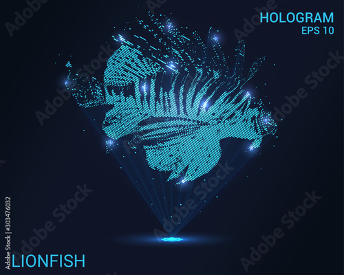 Hologram lionfish. A holographic projection of a lionfish. Flickering energy flux of particles. Scientific design water world.