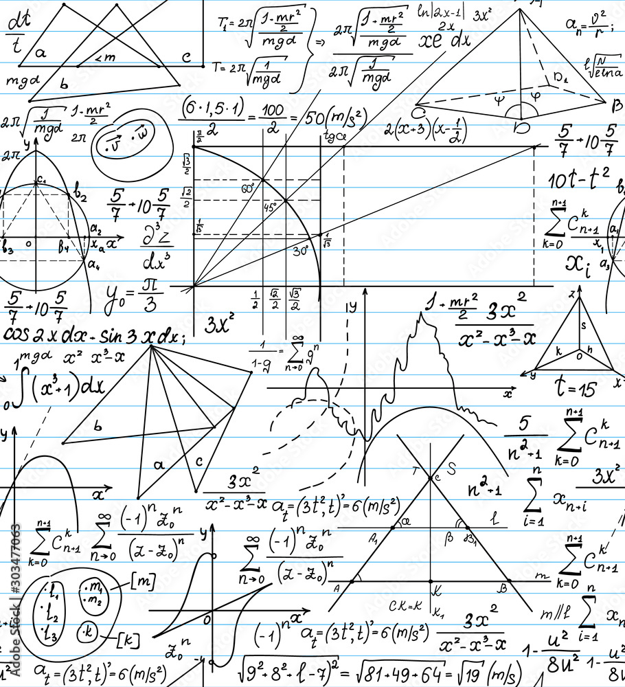 Math vector seamless pattern on the school paper with handwritten formulas Math vector seamless pattern on the school paper with handwritten formulas