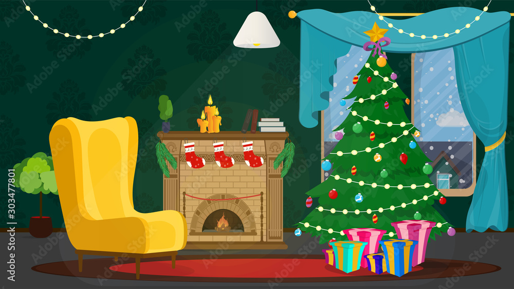 Festive interior of Christmas room on eve happy new year. Christmas tree, decorative wreath, holiday gifts, burning fireplace, snowy winter outside window. Vector illustration, greeting card template. Festive interior of Christmas room on eve happy new year. Christmas tree, decorative wreath, holiday gifts, burning fireplace, snowy winter outside window. Vector illustration, greeting card template.