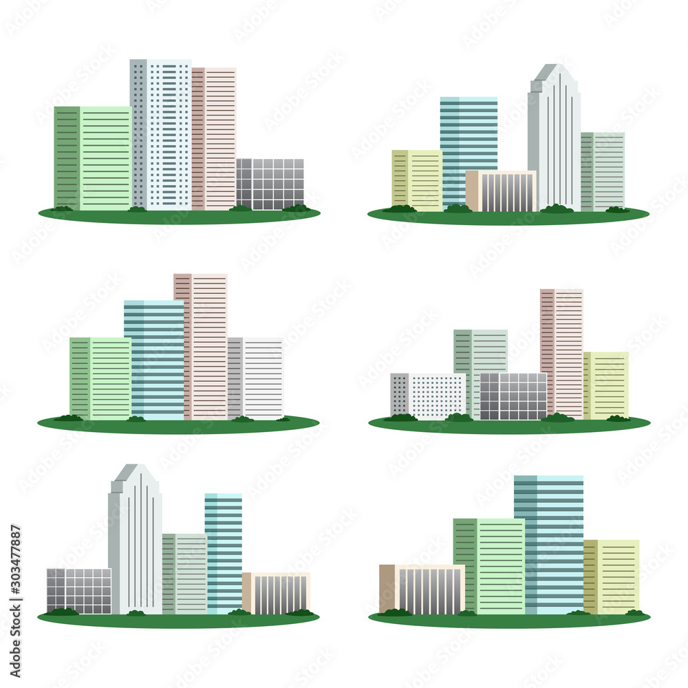 Set of multistory buildings. Cartoon style. Vector illustration.