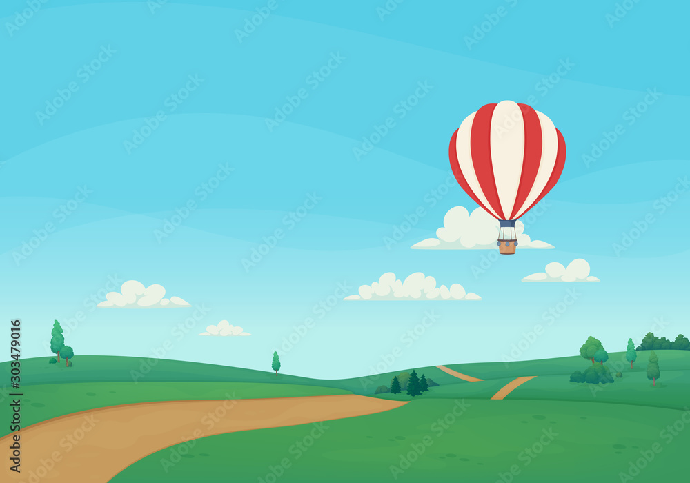Φωτογραφία Striped hot air balloon flying over rural landscape with green meadows, trees, bushes, dirt road and forest with clouds and blue sky in the background