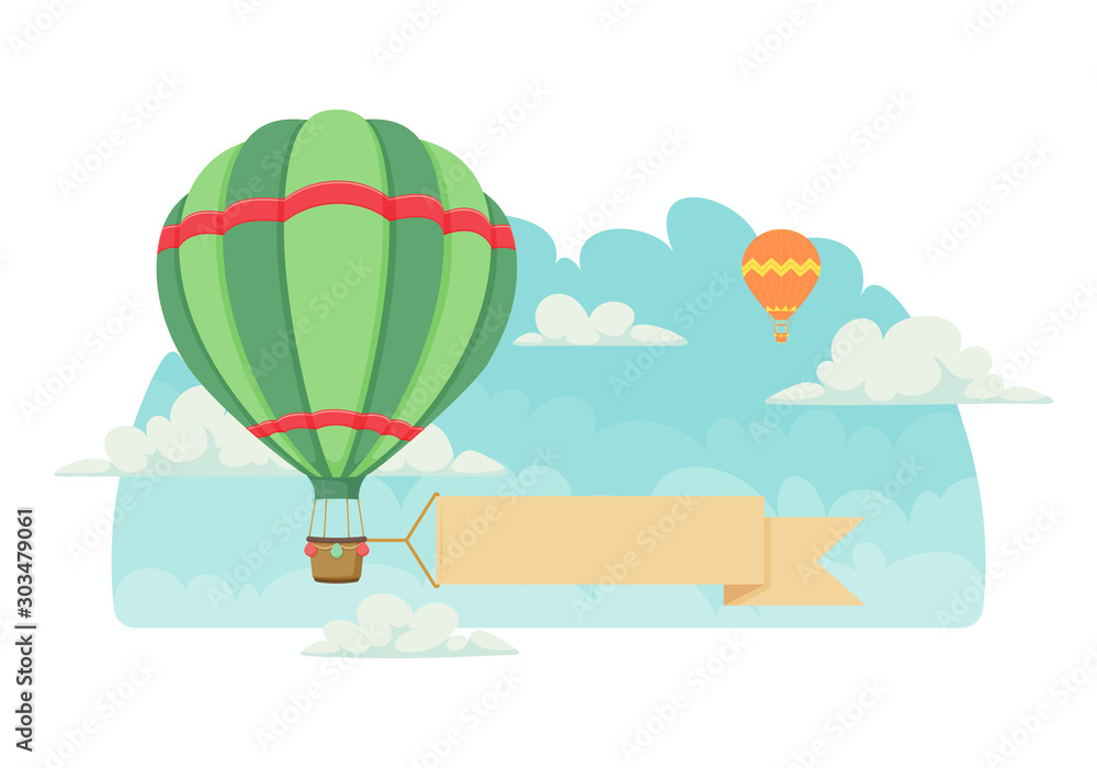 custom made wallpaper toronto digitalStriped green hot air balloon with ribbon, orange balloon, clouds and blue sky in the background. Vintage poster, greeting card, background design template.