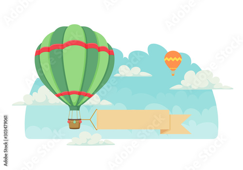 Striped green hot air balloon with ribbon, orange balloon, clouds and blue sky in the background. Vintage poster, greeting card, background design template. © Tatiana Zhzhenova