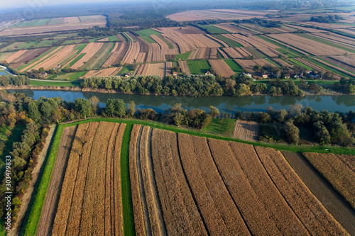 The aerial view of the Sava River in rural Croatia