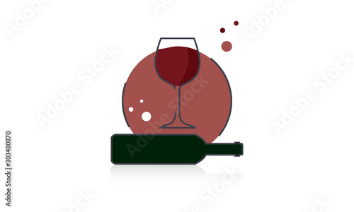 Flat line art vector of a wine glass filled with red wine, sitting on a circular backdrop. An empty green wine bottle lies on the bottom. Illustration is great for clip art or icons.