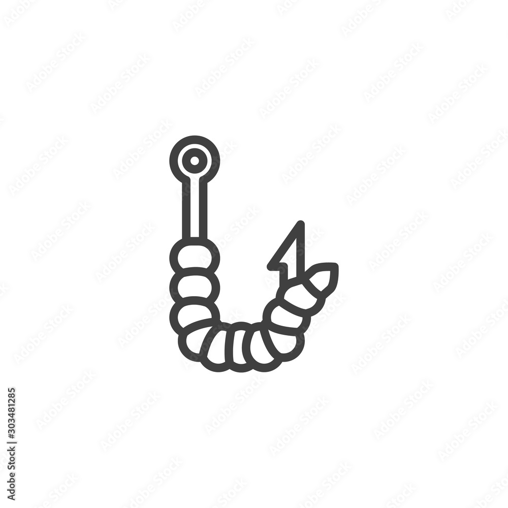 Fishing hook with worm line icon. linear style sign for mobile concept and web design. Worm on hook outline vector icon. Symbol, logo illustration. Vector graphics Fishing hook with worm line icon. linear style sign for mobile concept and web design. Worm on hook outline vector icon. Symbol, logo illustration. Vector graphics