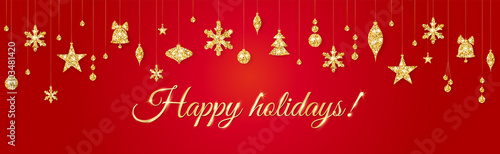 Merry Christmas banner with gold decoration on red background