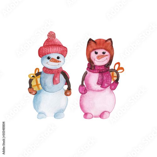 A set of pictures of two snowmen in blue and pink in hats and with gifts in their hands. Isolated on white, hand painted by watercolor. Design element for greeting cards, patterns, decor.