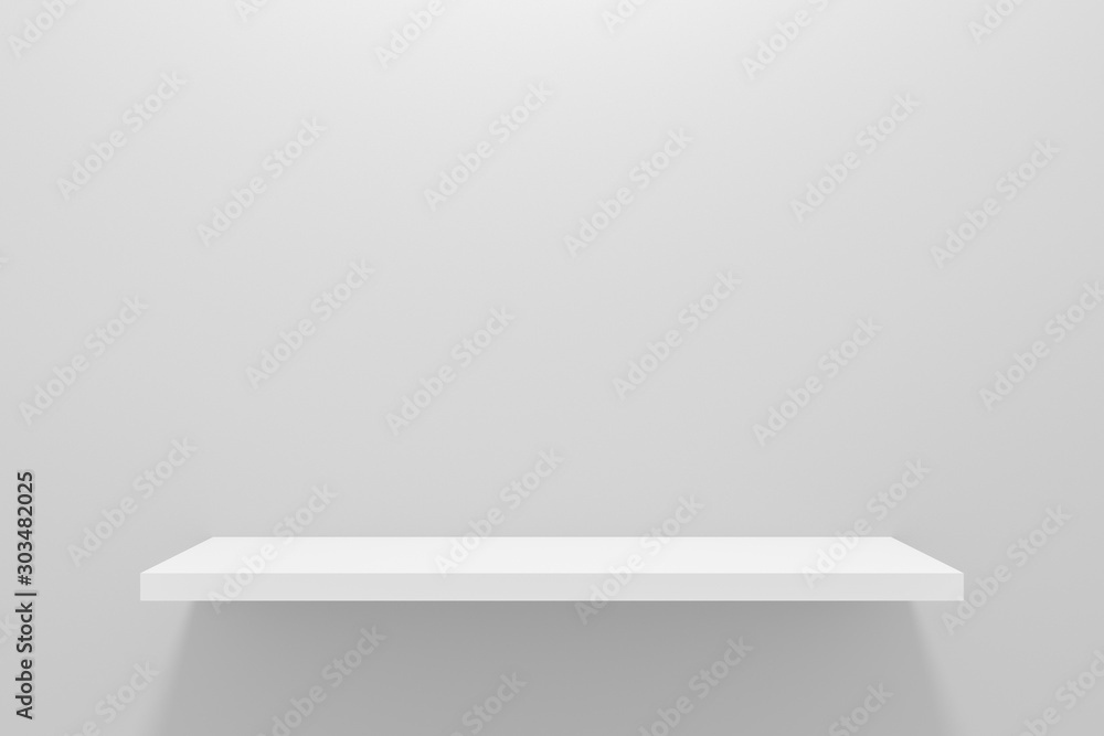 Front view of empty shelf on gray wall background with modern minimal concept. Display of room shelves for showing. Realistic 3D render. Front view of empty shelf on gray wall background with modern minimal concept. Display of room shelves for showing. Realistic 3D render.