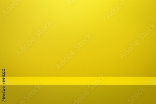 Front view of empty shelf on vivid yellow wall background with modern minimal concept. Display of room shelves for showing. Realistic 3D render.
