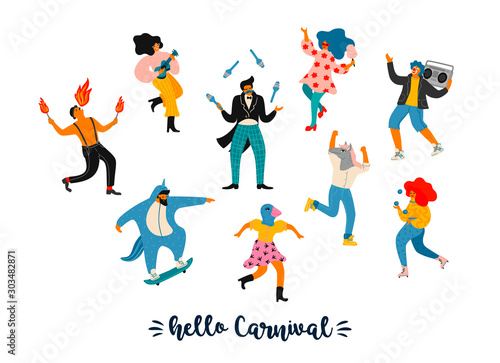 Carnival. Vector illustration of funny dancing men and women in bright modern costumes.