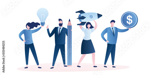 Team of business people. Teamwork,startup developers or office workers. Business elements in hands.