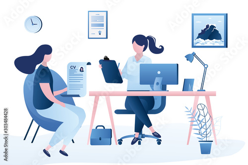 Beauty businesswoman boss or HR specialist having an interview with job applicant. Job interview, employment process, choosing a candidate concept.