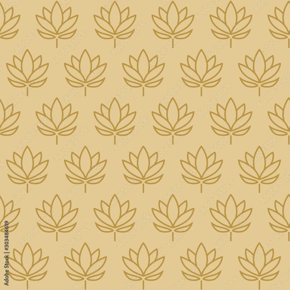 Vector illustration. Seamless pattern. Lotus flowers, golden buds and leaves. Isolated on gold background. The silhouette of a lotus in a pattern on a isolated background