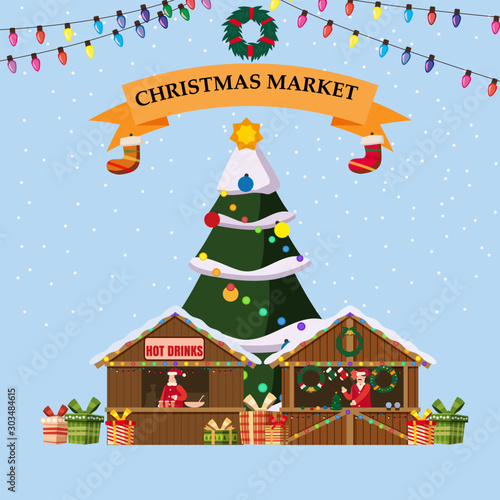 Christmas souvenirs market stall hot drinks with decorations. Big Christmas tree Xmas shop with garlands decorations.