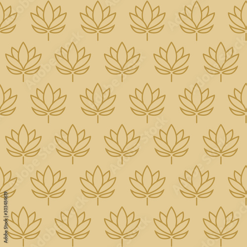 Vector illustration. Seamless pattern. Lotus flowers, golden buds and leaves. Isolated on gold background. The silhouette of a lotus in a pattern on a isolated background