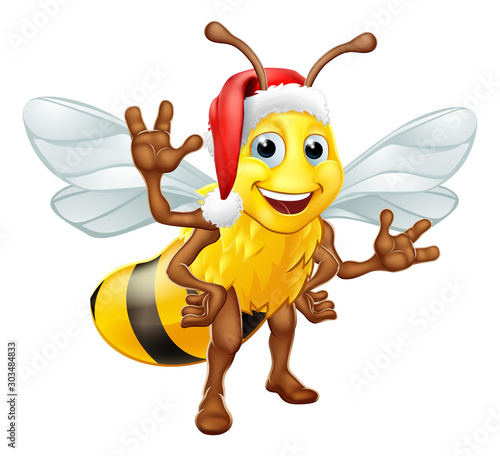 A Christmas bumble bee cartoon character in a Santa Claus hat standing and waving