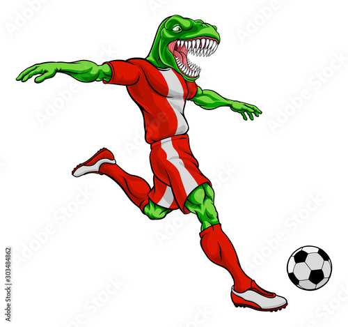 A dinosaur T Rex or raptor soccer football player cartoon animal sports mascot kicking the ball