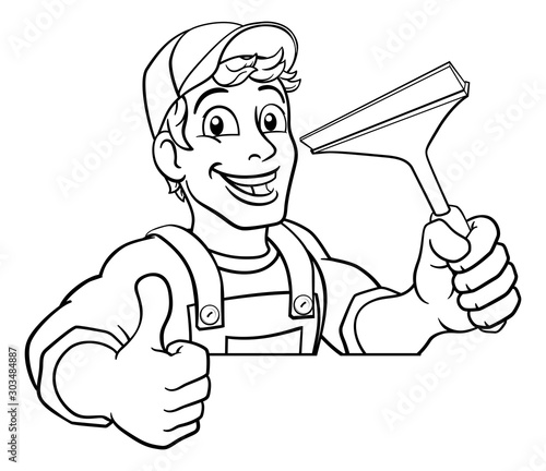 Window cleaning cartoon cleaner mascot man holding a carwash squeegee tool. Peeking over a sign and giving a thumbs up.