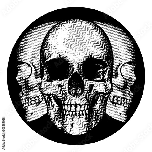 A graphic design featuring three human skulls