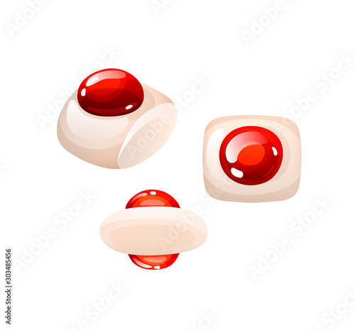White square candies with red berry jam. Sweets