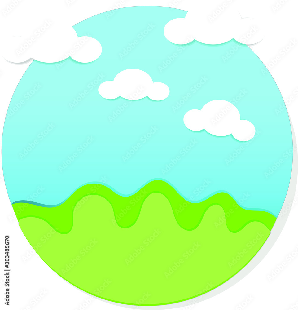 Illustration of white cloud on blue sky with green grass. paper cut style. Nature concept.