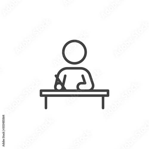 Writing man at desk line icon. linear style sign for mobile concept and web design. Business training outline vector icon. Education symbol, logo illustration. Vector graphics