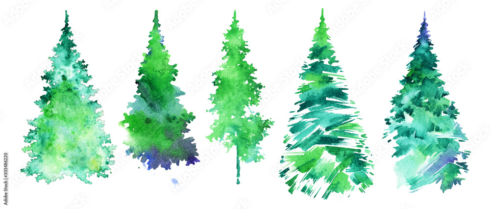 Christmas collection, set of firs, watercolor illustration. Set of green Christmas trees isolated on a white background. Plant element for design and creativity. Merry Christmas.