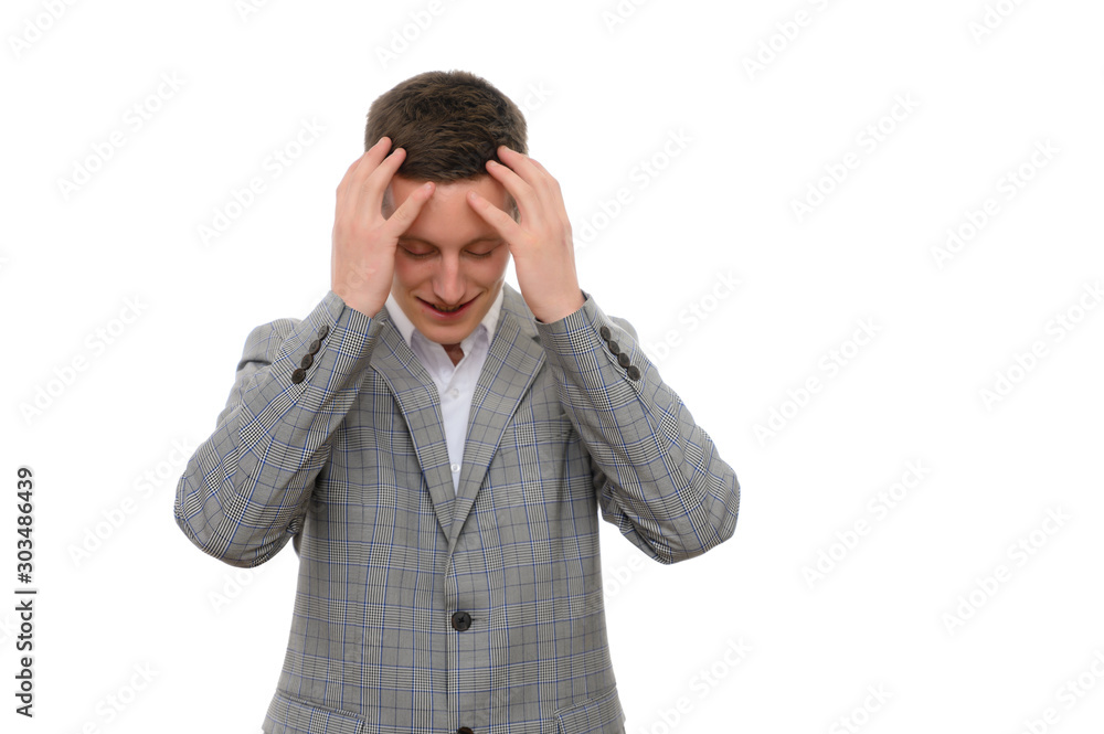 Concept of a young manager man talking to the camera. Photo isolate Portrait of a secretary guy on a white background in a gray business suit in different poses. Concept of a young manager man talking to the camera. Photo isolate Portrait of a secretary guy on a white background in a gray business suit in different poses.