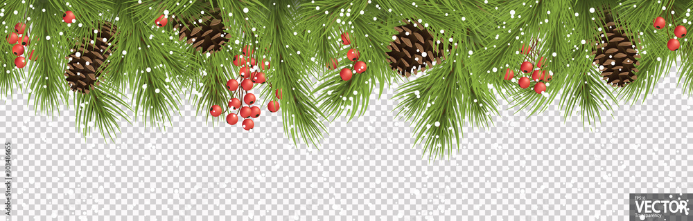 seamless christmas banner concept with fir branches and cones - obrazy, fototapety, plakaty 