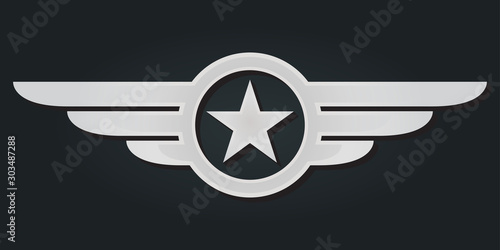 Star with wings logo. Military and Army winged badge. Silver Aviation emblem. Vector illustration.
