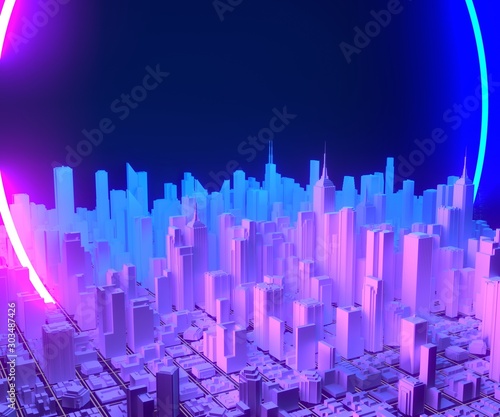 Futuristic skyscrapers. The flow of digital data. City of the future. 3D illustration. Neon noir lights color toned.