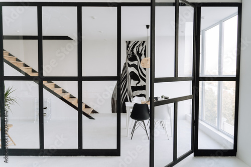 Loft Black Glass Wall with Door Interior Design