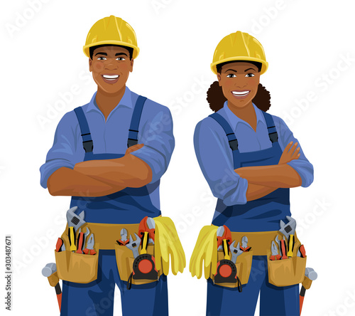 Set of male and female African American workers with tools. Cartoon smiling work man and woman, builder wearing safety helmet, coveralls and toolbelt. Vector illustration isolated on white background