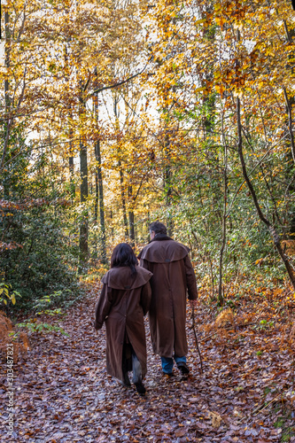 Couple walking on path in forest back view odf a couple with long coat © JPC-PROD