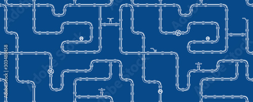 Horizontal industrial seamless pattern. white piping on Blue background. pipes for water, gas, oil. Vector illustration in line art style. photo