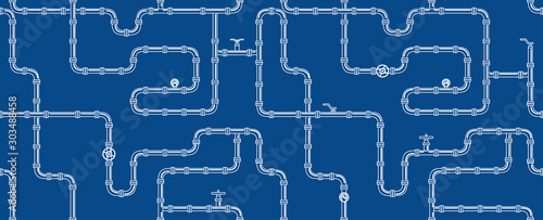 Horizontal industrial seamless pattern. white piping on Blue background. pipes for water, gas, oil. Vector illustration in line art style.