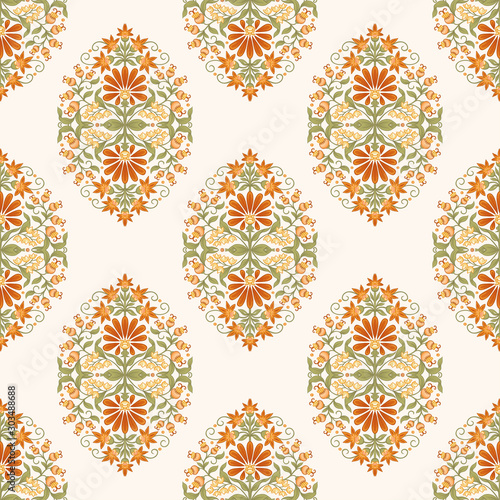 Tradition mughal motif, fantasy flowers in retro, vintage style. Seamless pattern, background. Vector illustration in beige and orange colors..
