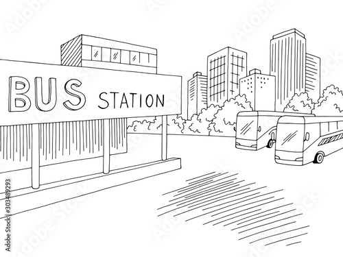 Bus station graphic black white city street landscape sketch illustration vector