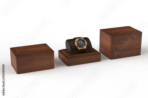 Luxury mens wristwatch displayed and packaged in a box. 3d illustration