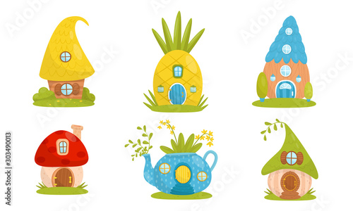 Set of small houses for gnomes. Vector illustration.