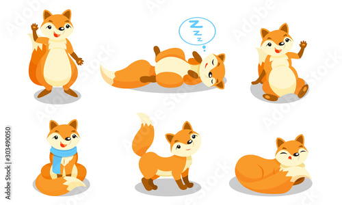 Set of cartoon humanized foxes. Vector illustration.