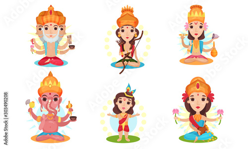 Set of images of different indian gods. Vector illustration on a white background.