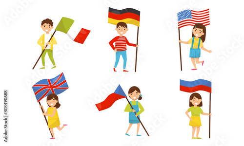 Boys and girls hold flags of different countries. Vector illustration.
