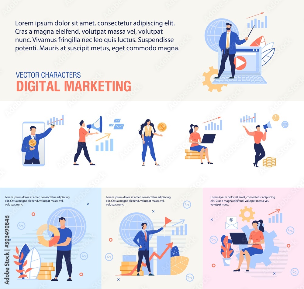 Digital Marketing Service, Business Training Courses or Seminar, E-Commerce Strategy Planning Trendy Flat Vector Advertising Banners, Posters Set with Successful Businesspeople Characters Illustration Digital Marketing Service, Business Training Courses or Seminar, E-Commerce Strategy Planning Trendy Flat Vector Advertising Banners, Posters Set with Successful Businesspeople Characters Illustration