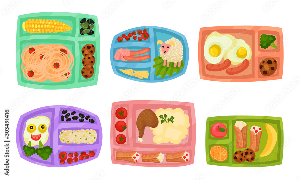Lunch Box with Different Food Inside Vector Set Lunch Box with Different Food Inside Vector Set