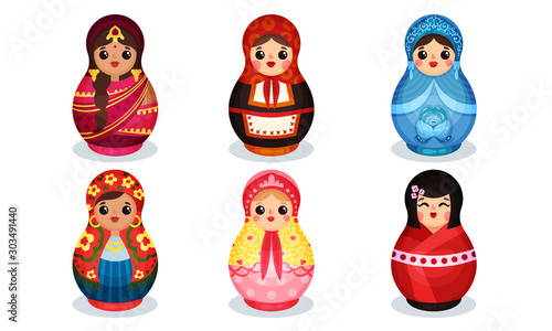 Nesting Dolls in Colorful Costumes of Different Countries Vector Set.