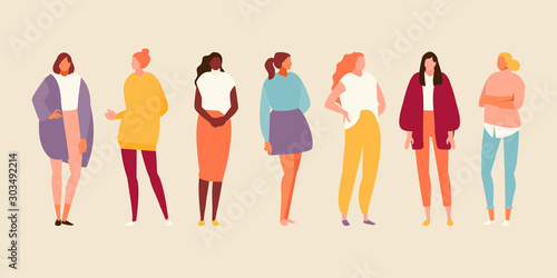 Set of modern women in casual clothing. Vector flat illustration
